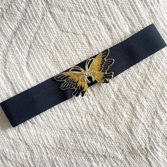 Vintage 80s Butterfly Gold Tone & Black Wide Stretch Cinch Belt - Picture 2 of 5